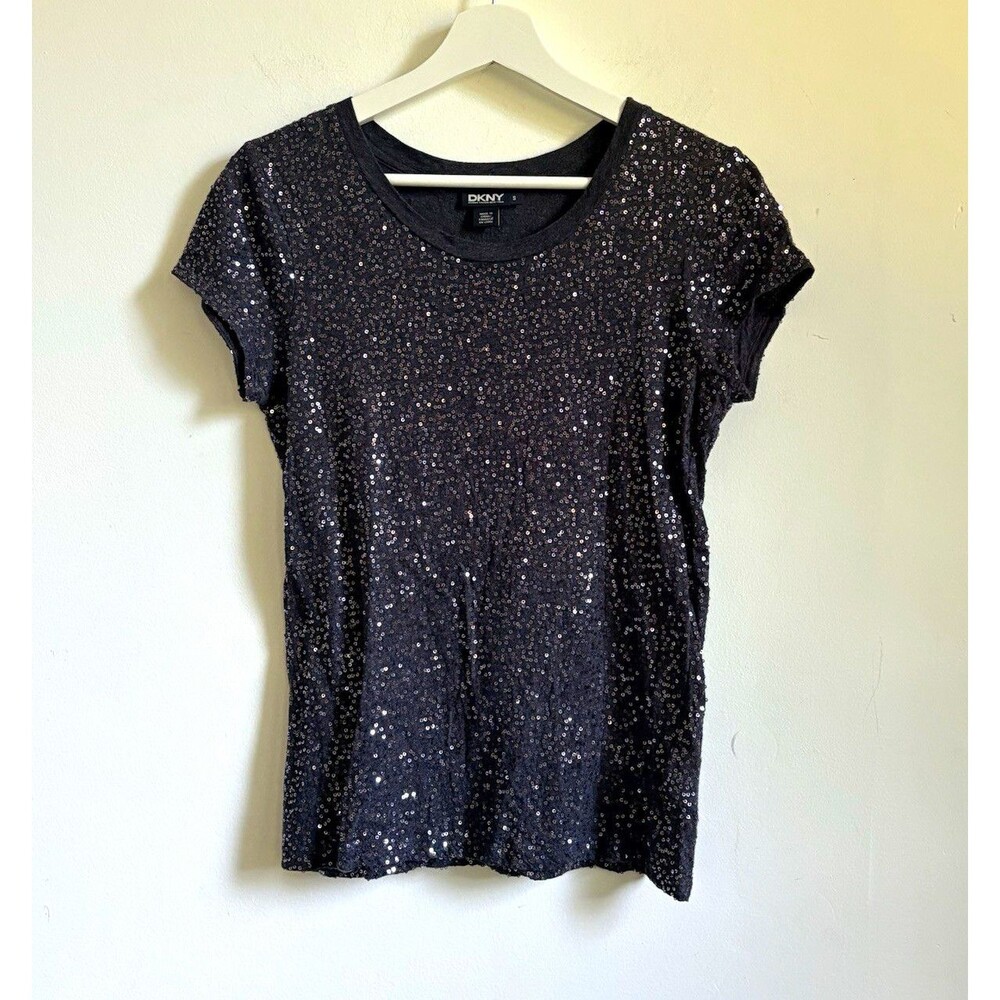 DKNY Womens grey Sequin Knit T-Shirt Sz S glam y2k indie rocker